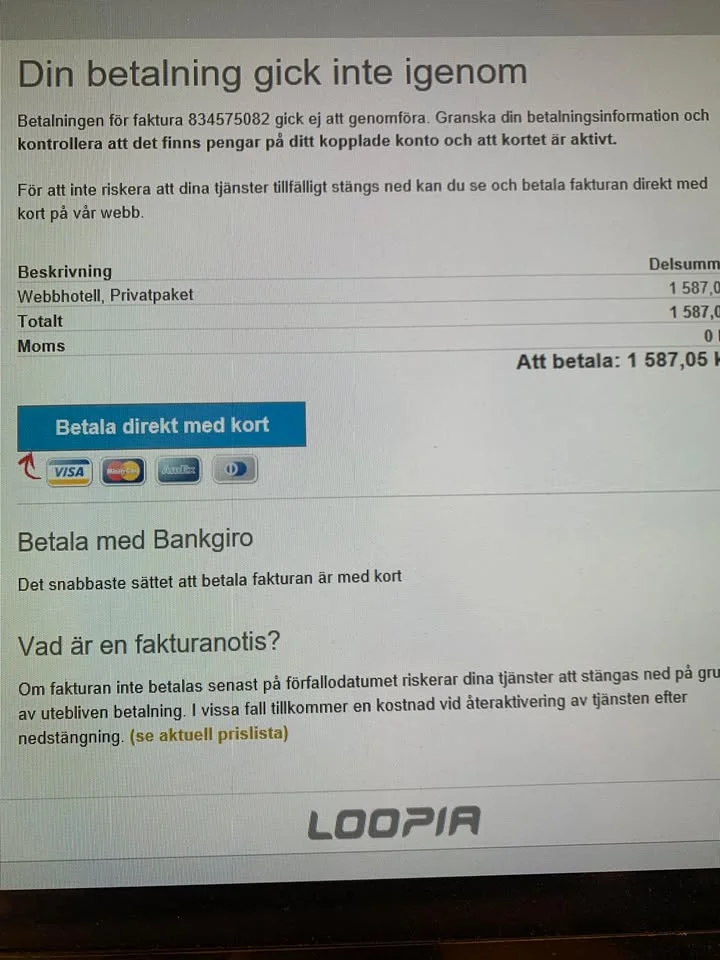 Varning om falska meddelanden från Loopia